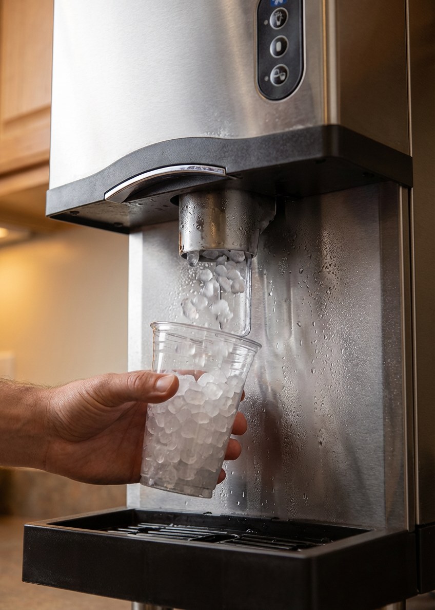 Filling a cup with fresh ice from a dispenser