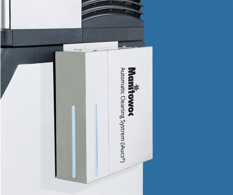 Manitowoc iAuCS automatic cleaning system mounted on an ice machine